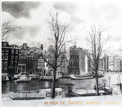 Amstel vanuit het NOB te Amsterdam 2022 50x65 (Houtskool  en potlood)